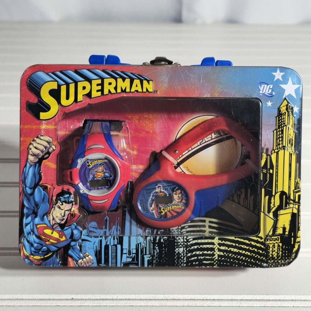 Vintage DC Comics Superman Metal Lunch Box Watch and Carabiner Set